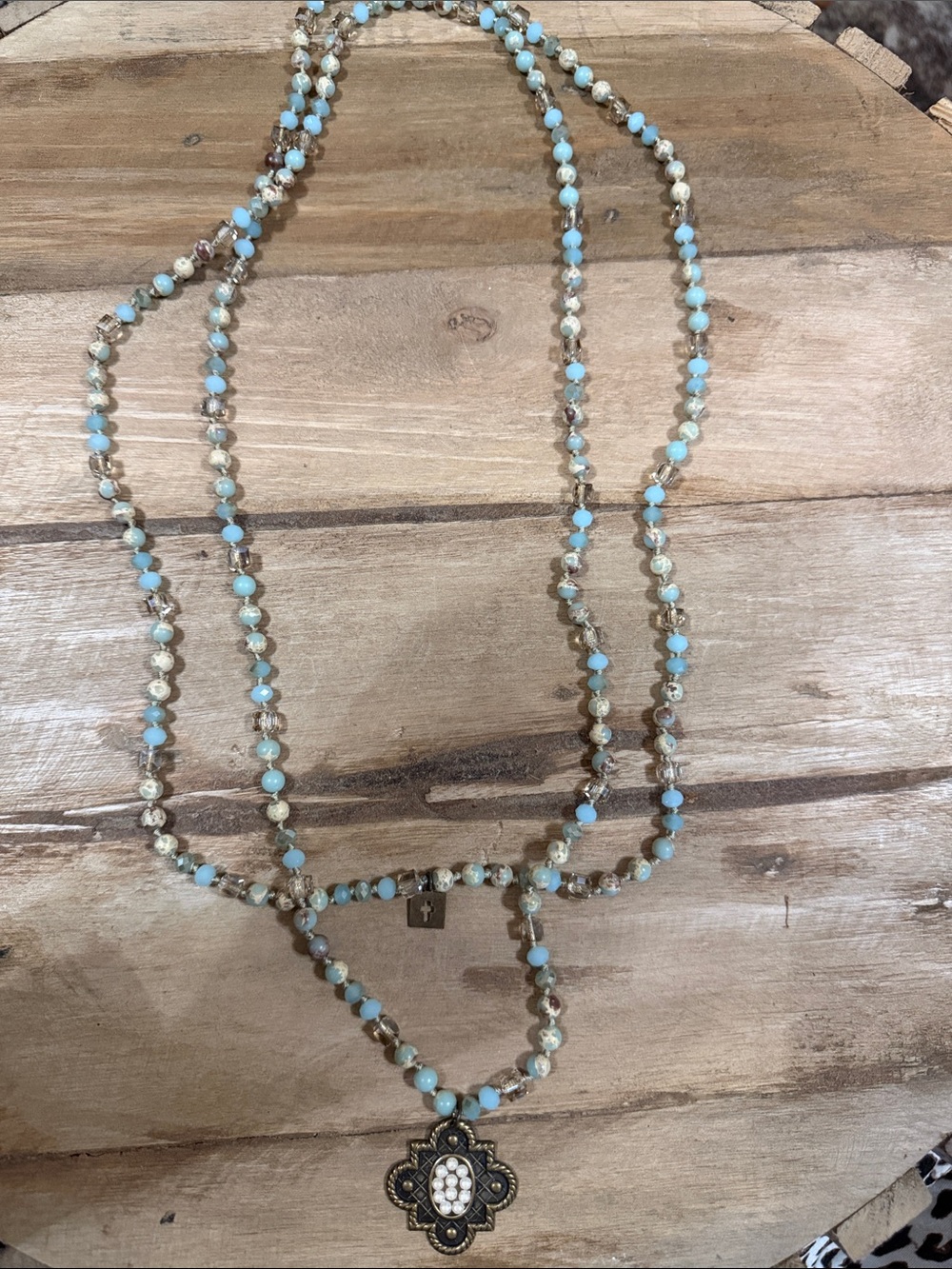 Pink Panache Beaded Pendant Necklace with Light Blue and Cream Beads - Brand: